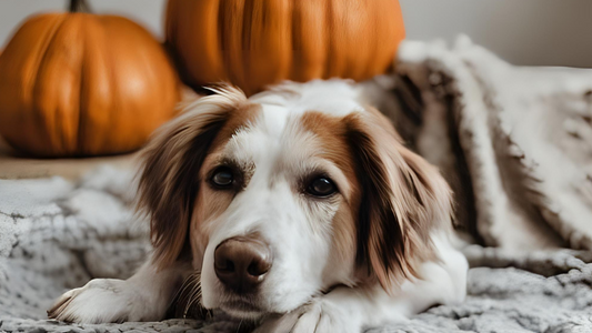 Hund liegt entspannt neben Kürbis – Tipps für Halloween mit Hund